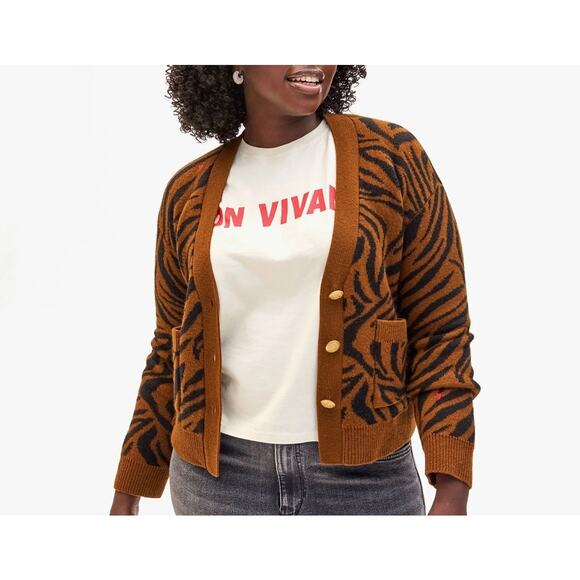 CLARE V. Oscar Cardigan Size M/L Brown Black Zebra Extrafine Merino Wool Sweater - Picture 1 of 11